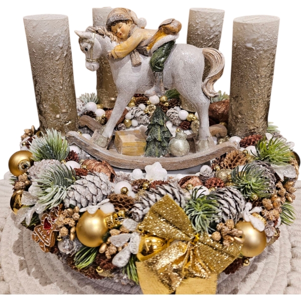 Prémium téli jelenetes adventi aszdísztali dísz - hintalóval