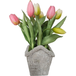 Tulipánok házikós kőkaspóban