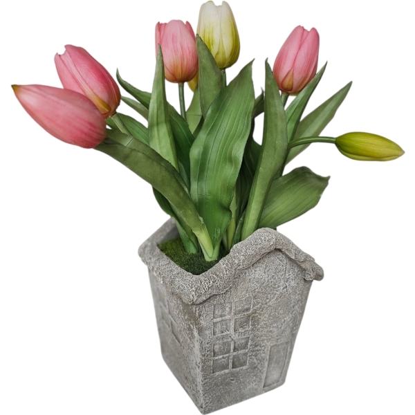 Tulipánok házikós kőkaspóban - Image 3
